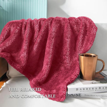 Exclusivo Mezcla Plush Fuzzy Fleece Bed Blanket Queen Size, Super Soft, Fluffy and Warm Blankets for Couch, Bed, All Season (Deep Red, 90x90 inches)