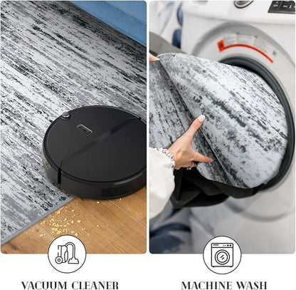 Lansny Modern Abstract Bedroom Runner Rug 2x7, Black Grey White Washable Kitchen Runner, Non-Slip Soft Thin Faux Wool Mat for Entryway, Hallway, Laundry Room, Indoor Home Decor