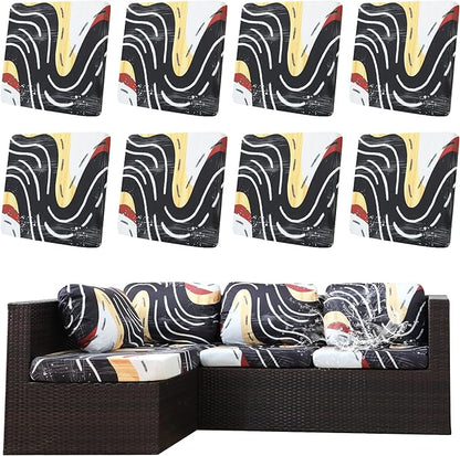 8Pcs Outdoor Cushion Covers, Patio Cushion Covers,Stretch Elastic Slipcovers, Replacement Washable & Reusable Furniture Protector for Patio Couch (Black River-Pattern,Cover Only)