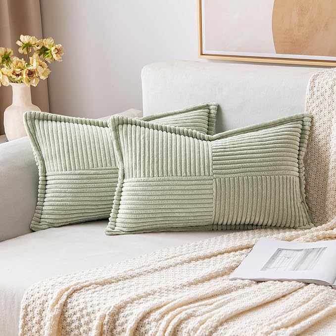 MIULEE Spring Decorative Lumbar Throw Pillow Covers for Couch Bed Livingroom 12x20 Inch Set of 2 Light Green Boho Accent Throw Pllows Broadside Striped Patchwork Soft Corduroy Summer Pillowcases