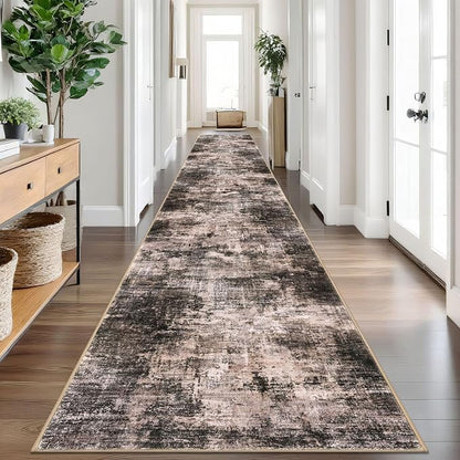IOHOUZE Abstract Runner Rug 3x18 Ft Washable Runners for Hallways, Non Slip Kitchen Runner Printed Faux Wool Entryway Runner Indoor, Modern Abstract Floor Carpet for Hall Stair, Brown/Rust