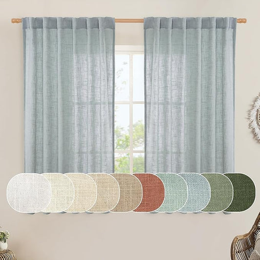 LAMIT Semi Sheer Linen Curtains 54 Inch Length 2 Panels, Greyish Blue Light Filtering Panels Back Tab and Rod Pocket Neutral Drapes for Kitchen/Window/Dining Room, 52 x 54 Inch