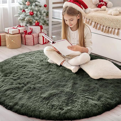OLANLY Olive Green Round Rugs for Bedroom - Machine Washable, 4 ft Circle Area Rugs for Living Room, Soft and Fluffy Shaggy Carpet for Teen Girl and Boys, Nursery Rooms, Dorms, Home Decor Aesthetic