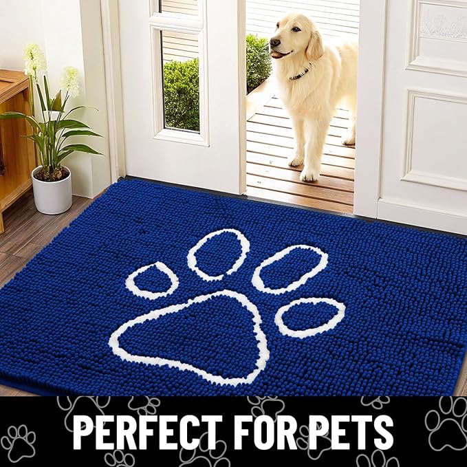 Smiry Dog Door Mat for Muddy Paws, Absorbent Dirt Trapper Non Slip Quick Dry Washable Chenille Mat for Mud Dogs, Entry Rug for Indoor and Outdoor (30x20 Inches, Royal Blue and White)