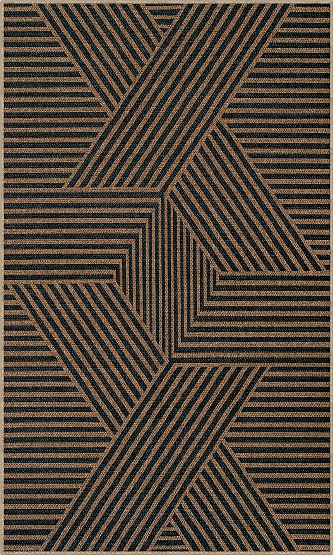 Lahome Enfys Modern Geometric Outdoor Easy Jute Rug, 3x5 Indoor Outdoor Rugs for Living Room Black Entryway Carpet, Farmhouse Washable Non Slip Carpet for Patio Courtyard Bedroom