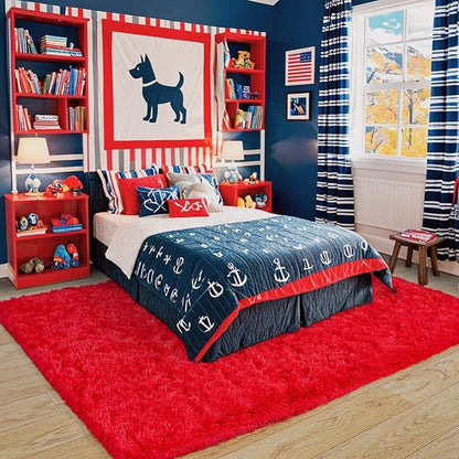 Pionblank Super Fluffy Area Rug for Living Room 5x7 Feet, Modern Indoor Shaggy Carpet, Soft Plush Non Slip Rugs for Bedroom Kids Room Teens Dorm Cloakroom Home Decor, Red