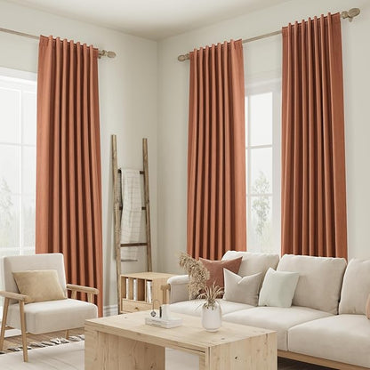 Guken Terracotta 100% Blackout Curtains 108 Inch Length 2 Panels Set Fall Curtains for Living Room Bedroom Back Tab Thermal Insulated Black Out Linen Drapes，52x108