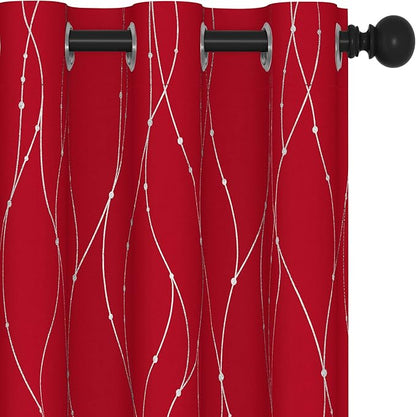 Deconovo Short Blackout Curtains, Christmas Red Curtain, Thermal Insulated Soundproof Drapes, Wave Line Dots Foil Print, 38 x 54 Inch, 2 Panels, Machine‑Washable Window Drape for Kitchen Small Window