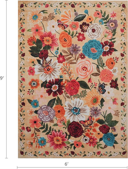 Floral Washable 6x9 Area Rugs, Soft Bedroom Rug for Living Room Ultra-Thin Non Slip Dining Room Rug, Stain Resistant Rugs Easy Clean Throw Carpet for Office(6 x 9, Yellow Garden)