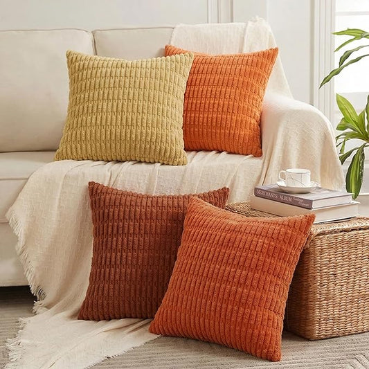 Fancy Homi Set of 4 Burnt Orange Fall Decorative Throw Pillow Covers 16x16 Inch for Couch Bed Chair, Modern Farmhouse Boho Room Decor, Soft Fuzzy Corduroy Textured Striped Cushion Case 40cm