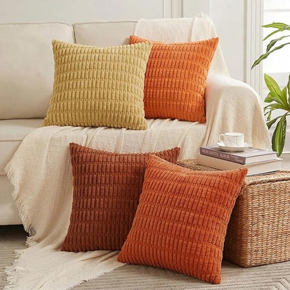 Fancy Homi Set of 4 Burnt Orange Fall Decorative Throw Pillow Covers 20x20 Inch for Couch Bed Chair, Modern Farmhouse Boho Room Decor, Soft Fuzzy Corduroy Textured Striped Cushion Case 50cm