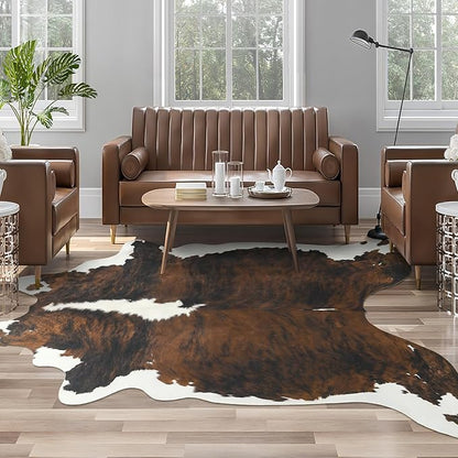 AROGAN Western Decor Faux Fur Cowhide Rug, 6.2x7 Feet Premium Animal Skin Cow Hide Rug, Sturdy Cow Print Rugs for Wall Decor, Western Floor Carpet for Bedroom Living Room, Black and Brown