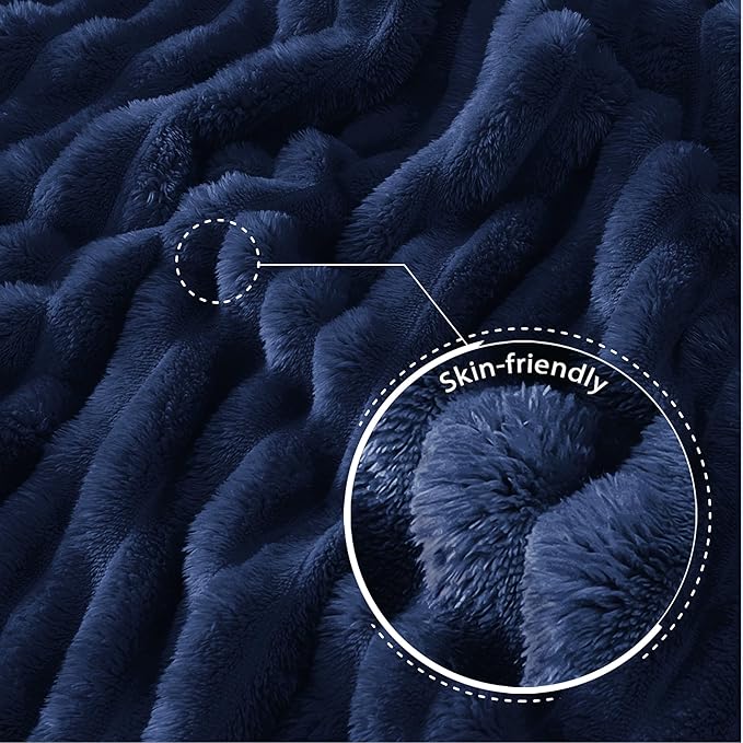 Exclusivo Mezcla Queen Size Flannel Fleece Blanket, Super Soft Striped Jacquard Bed Blanket, Lightweight Fuzzy Cozy for All Seasons, 90x90 Inches, Navy Blue