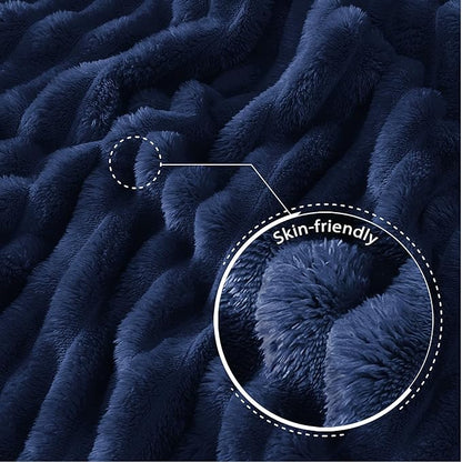 Exclusivo Mezcla Queen Size Flannel Fleece Blanket, Super Soft Striped Jacquard Bed Blanket, Lightweight Fuzzy Cozy for All Seasons, 90x90 Inches, Navy Blue