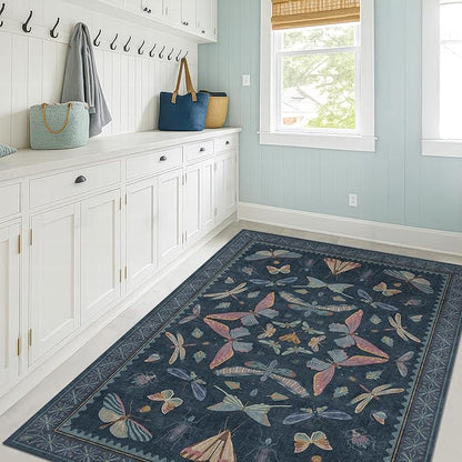Blue Rugs for Bedroom - 4x6 Washable Area Rug for Large Entryway, Living Room, Kitchen Floor, Dark Whimsical Home Décor, Vintage Low Pile & Soft Non Slip Carpet