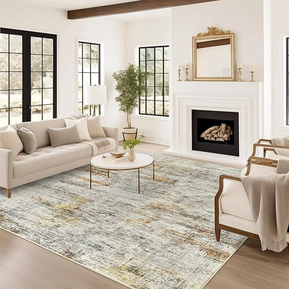 5x7 Area Rugs Gray Rust Low Pile Indoor Washable Trendy Faded Style Rugs for Bedroom Living Room Dining Room Foldable Non-Slip Thin Print Mat