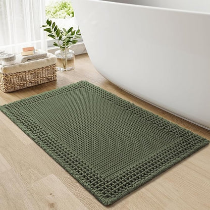RESARE Waffle Bathroom Runner Rugs, Super Absorbent Bath Mat Non Slip Washable Quick Dry, Upgraded Ultra Soft Boho Bath Rugs with Tassels for Hallway Bedroom Laundry Room, 20"x32" Green