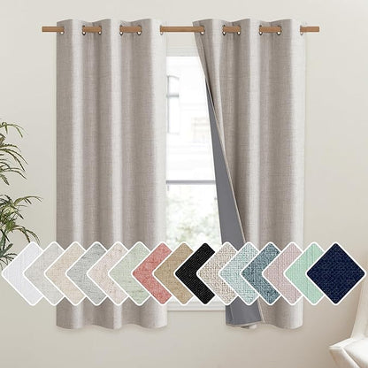 NICETOWN Brich Vintage Open Linen Weave Flax Thermal Curtains, 100% Blackout Curtains 63" Long for Dining Room, Soundproof Window Treatment Drapes for Gym Room, 42" Wide Per Panel, Set of 2