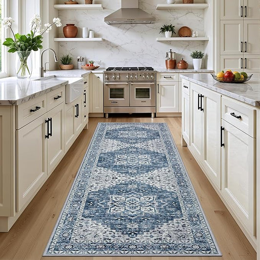 Hallway Runner Rug Non Slip - Washable 2.6x8 Kitchen Rugs for Living Room, Low-Pile Soft Bedroom Rug Indoor Floor Stain Resistant Carpets for Entryway, Laundry, Bathroom Blue