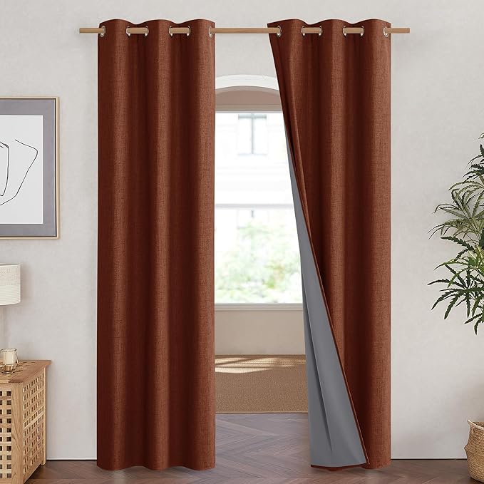 NICETOWN 100% Absolutely Blackout Linen Curtains with Thermal Insulated Liner, 42" Wide, 2 Panels, 90" Long Drapes, Grommet Retro Burnt Orange Linen Curtains Vertical Drapes Privacy for Bedroom