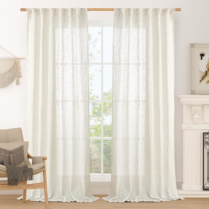 LAMIT Semi Sheer Linen Curtains 96 inches Long 2 Panels Set, Light Filtering Semi Sheer Panels Back Tab and Rod Pocket Floor to Ceiling Curtains for Bedroom/Living Room, Cream, 52 x 96 Inch