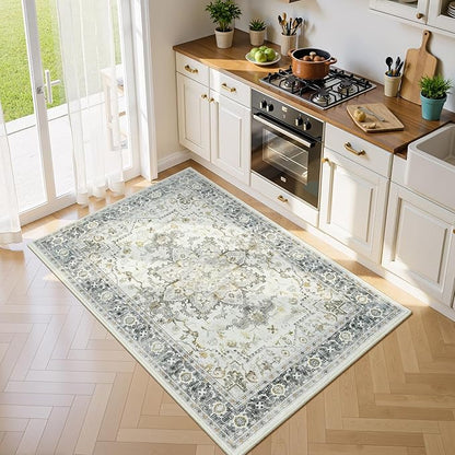 Lofus 3x5 Area Rugs for Entryway, Machine Washable Small Living Room Area Rug, Low Pile Non-Slip Rugs for Bedroom, Kitchen, Home Office, Vintage Oriental Print Rug, Taupe Grey