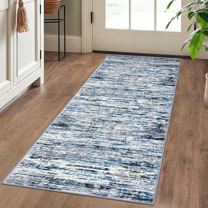 Lansny Modern Abstract Runner Rug 2x5, Grey Blue White Washable Entryway Kitchen Runner Non-Slip Soft Hallway Rug Runner Thin Print Faux Wool Carpet for Bedroom Laundry Room Indoor
