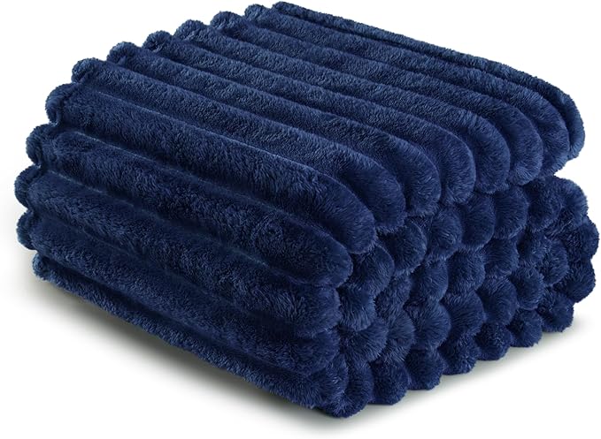 Exclusivo Mezcla King Size Flannel Fleece Blanket, Super Soft Striped Jacquard Bed Blanket, Lightweight Fuzzy Cozy for All Seasons, 90x104 Inches, Navy Blue