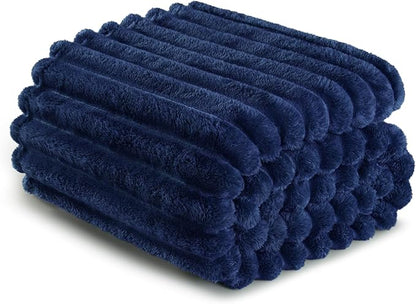 Exclusivo Mezcla King Size Flannel Fleece Blanket, Super Soft Striped Jacquard Bed Blanket, Lightweight Fuzzy Cozy for All Seasons, 90x104 Inches, Navy Blue
