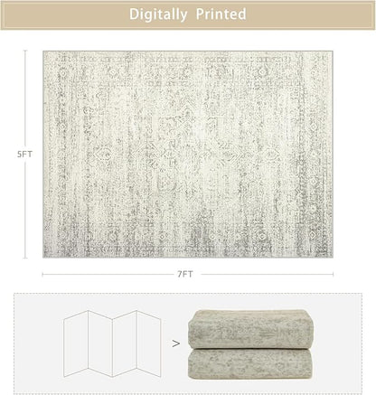 Srugn Washable Rugs 5x7 Area Rugs for Living Room,Bedroom,Dining Room- Large Ultra Soft Faux Wool Retro Carpets,Non Slip&Non-Shedding Low Pile Vintage Print Rug for Home Office Decor-Beige