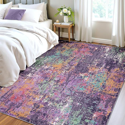 Washable Area Rugs 4'x6' Non-Slip Modern Abstract Soft for Living Room Entryway Bedroom Nursery, Print Pattern, Purple Orange Blue Green Rust Red Colorful