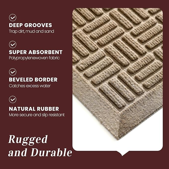 Mibao Front Door Mat Indoor Outdoor Entrance, Dirt Trapping Waterproof All-Season, All-Weather Doormat, Non-Slip Durable Natural Rubber Low Profile Easy Clean Patio Entrance Mat, 36" x 24", Beige