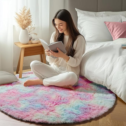 ONASAR Rainbow Round Area Rugs 5ft, Soft Bedroom Circle Rug Mats for Kids Girls Teen Room, Kawaii Fluffy Plush Shaggy Carpet for Dorm Nursery Living Room Playroom Home Decor Princess Castle