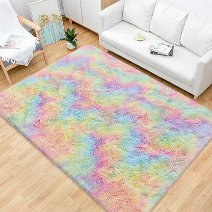 Fluffy Rainbow Colorful Area Rug for Girls Bedroom 4x6 Kawaii Tie Dye Rug Fuzzy Indoor Floor Unicorn Rug for Living Room Kids Nursery Baby Princess Room Dorm Home Decor Aesthetic Carpets