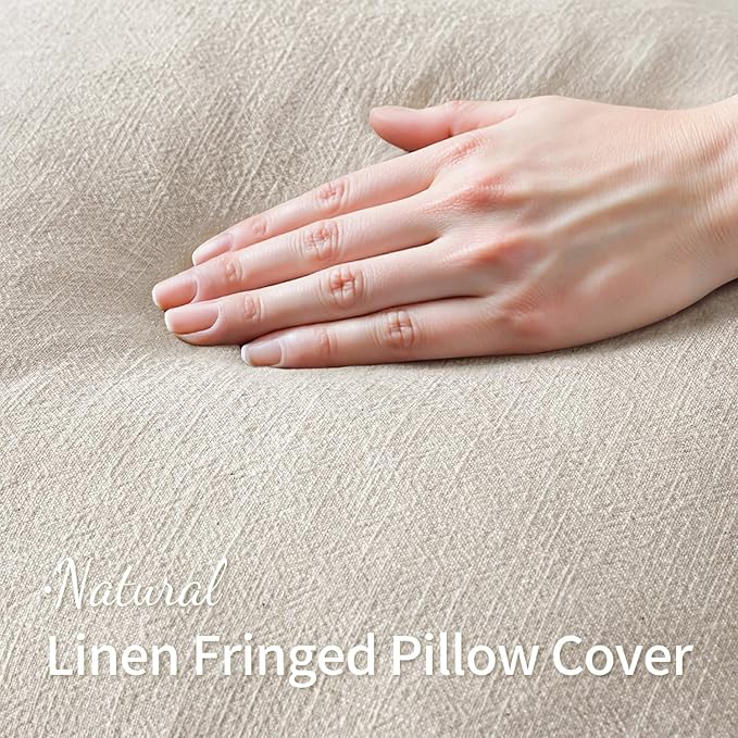 MIULEE Decorative Throw Pillow Covers Neutral Linen Fringe Throw Pillows Euro Shams Set of 2 Natural Beige Boho Farmhouse Cushion Covers for Couch Sofa Bed Living Room Spring Home Decor 24x24 Inch