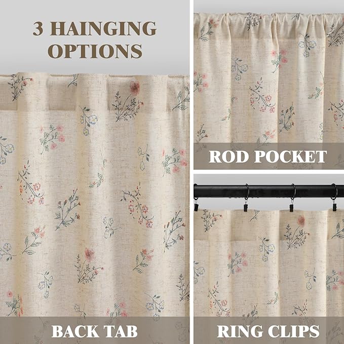 Boho Floral Spring Light Filtering Curtains 90 Inch Length 2 Panels Set, Farmhouse Semi Sheer Bedroom Living Room Vintage