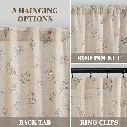 Boho Floral Spring Light Filtering Curtains 90 Inch Length 2 Panels Set, Farmhouse Semi Sheer Bedroom Living Room Vintage