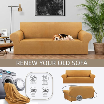 KEKUOU Stretch Sofa Cover Slipcover ，Couch Covers for 3 Cushion Couch Sofa pet Friendly (78"-94") Furniture Protector Sofa with Elastic Bottom for Kids,Dog, Jacquard Small Checked(Large,Golden)