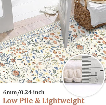 Yamaziot Washable Runner Rug 2x8 – Boho Non Slip Floral Hallway Runner Rug with Rubber Backing, Low Pile Distressed Carpet for Kitchen, Laundry, Bedroom, Entrance, Colorful Beige