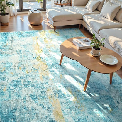 Ompaa Living Room Rug 8x10 Teal Blue Area Rugs Machine Washable Abstract Boho Large Rug Non-Slip Non-Shedding Faux Wool Indoor Vintage Carpet for Bedroom, Classroom, Dining Room, Kids Playroom