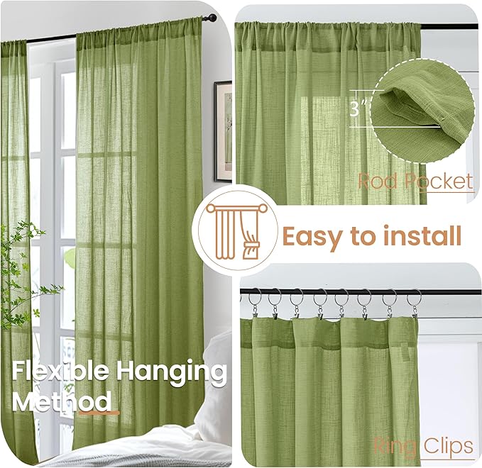 BGment Short Linen Semi Sheer Curtains 40 Inch Length for Kitchen Cafe Window - Small Green Drapes Light Filtering with Rod Pocket for Front Door Bathroom, 2 Panels Set, 30 X 40 Inch