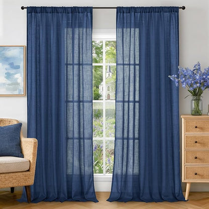 BGment Linen Navy Blue Curtains 96 Inches Long for Living Room 2 Panels Set, Semi Sheer Window Drapes Floor Length Light Filtering for Bedroom Dining with Rod Pocket Lightweight, Each 52 Inch Wide