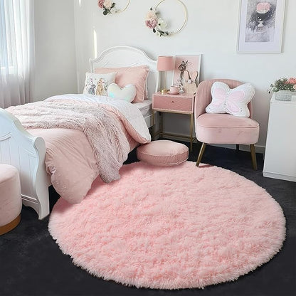 Amdrebio Light Pink Round Circle Rug 4Ft for Girls Bedroom, Fluffy Cute Area Rugs for Kids Room Decor Aesthetic, Kawaii Shag Fuzzy Fur Carpet for Nursery, Preppy Dorm, Classroom, Playroom, Teen, Baby