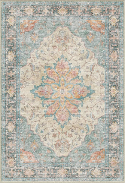 RELEANY Area Rugs Round 6ft Washable Non-Slip, Floral Vintage Distress Print Pattern Medallion Carpet for Living Room Bedroom Dining Room, Blue Orange Red