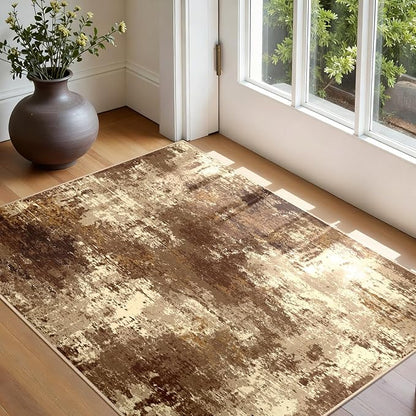 Washable Area Rugs 3'x5' Non-Slip Modern Abstract Soft for Living Room Entryway Bedroom Nursery, Print Pattern, Brown Tan Beige Coffee