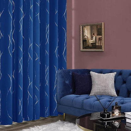 Deconovo Blackout Curtains, 38 x 90 Inch Drapes for Sliding Door with Wave Dot Silver Print, Soundproof Thermal Insulated Window Curtain for Bedroom Living Room, Set of 2, Machine Washable, Royal Blue