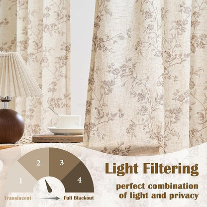 Lazzzy Farmhouse Linen Curtains Extra Long Taupe Floral Curtains 108 Inch Length Back Tab Drapes for Living Room Bedroom Light Filtering Country Vintage Rod Pocket, 2 Panels, Taupe on Beige