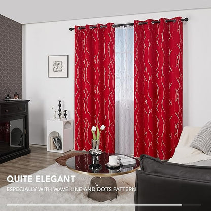 Deconovo Blackout Curtains, Christmas Red Curtain, Thermal Insulated Noise‑Reduced Drapes, Wave Line Dot Foil Print, 52 x 108 Inch Long, 2 Panels, Machine‑Washable Window Curtain for Party Living Room