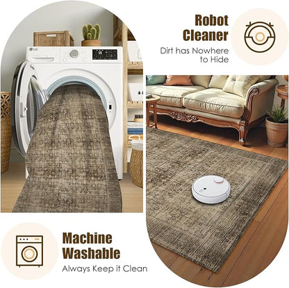 Washable Area Rug 3' x 5 ' Vintage Traditional Persian Mat - Foldable Distressed Non-Slip Machine Washable Carpet for Living Room Bedroom Kitchen Home Decor - Mocha and Taupe