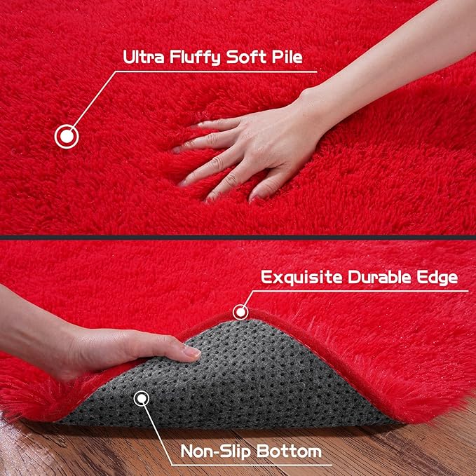 Pionblank Fluffy Runner Rugs for Bedroom 2x6, Modern Shaggy Area Rug for Hallway Living Room, Plush Soft Fuzzy Bedside Carpet for Kids Girls Boys Room Nursery Decor, Red